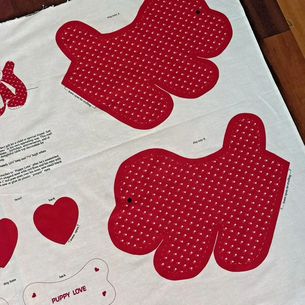 Vtg Puppy Love Cut &Sew Panel Stuffed Valentine Puppy Cranston Red Hearts Dog